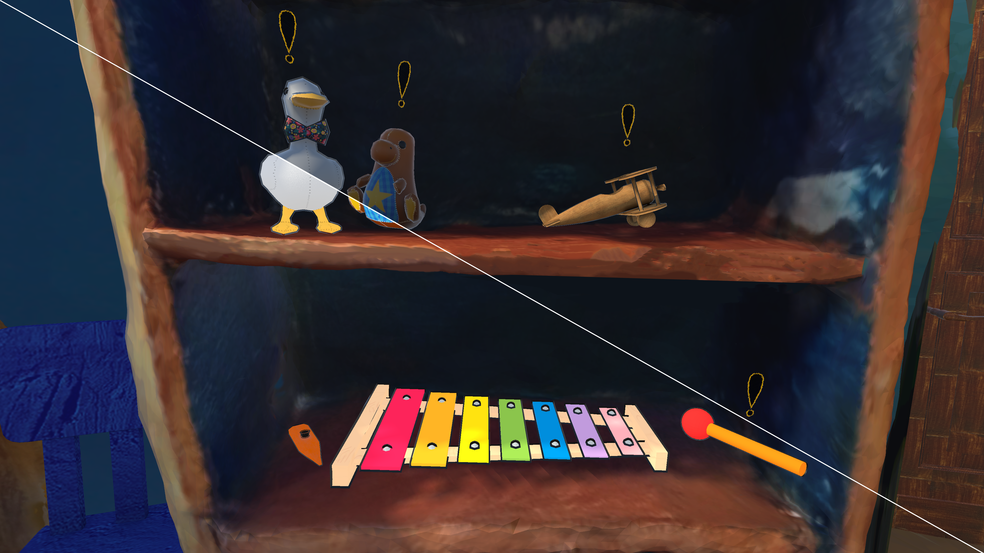 The two marker conditions from the study: diegetic shader and non-diegetic exclamation icons