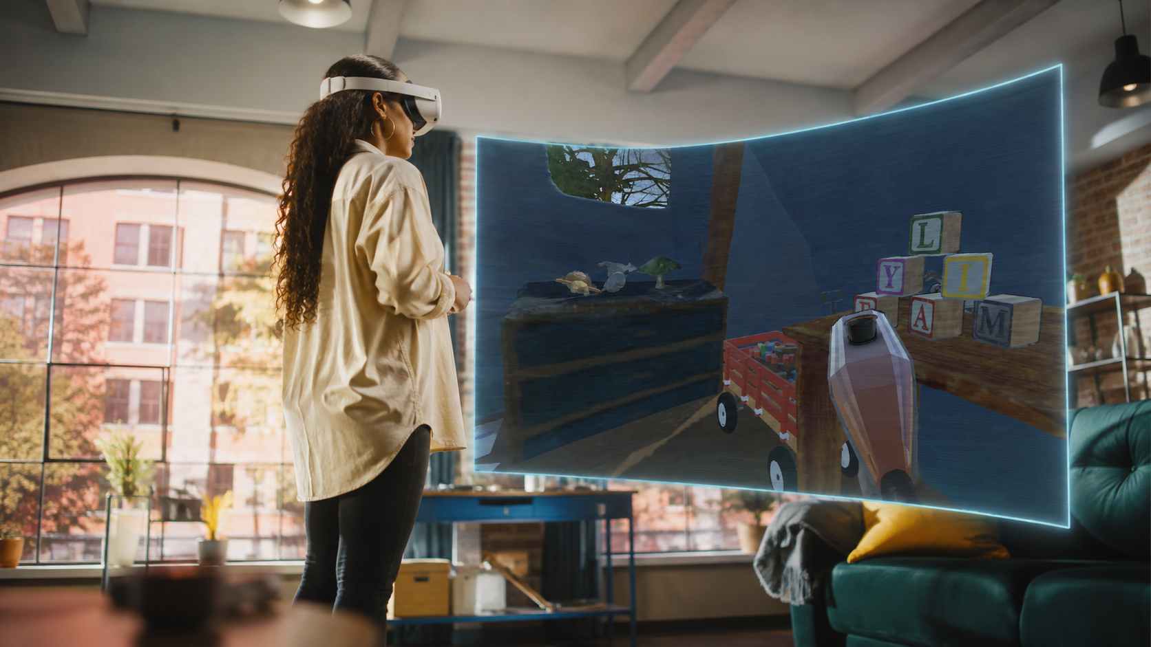 Player in a VR headset interacting with a hand-sculpted clay bedroom