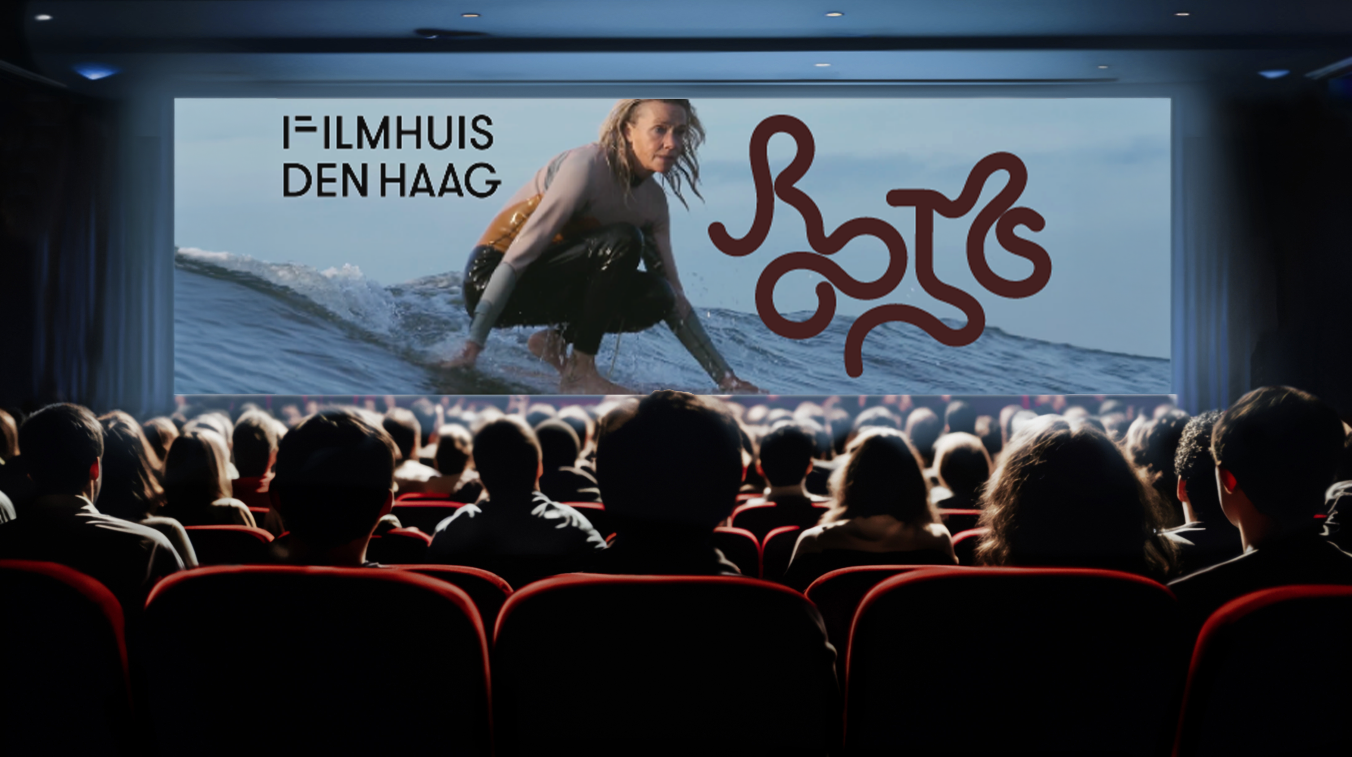 ROOTS Film Festival visual identity — festival banners on a building